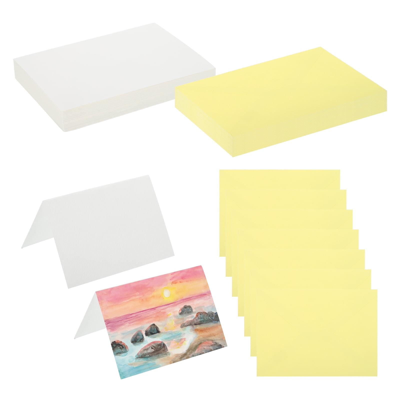 5x7 Inch Pure Cotton Watercolor Cards, 50 Sets Postcards with Envelopes 140lb/300 GSM for Art Painting Creative Thank Notes, Yellow