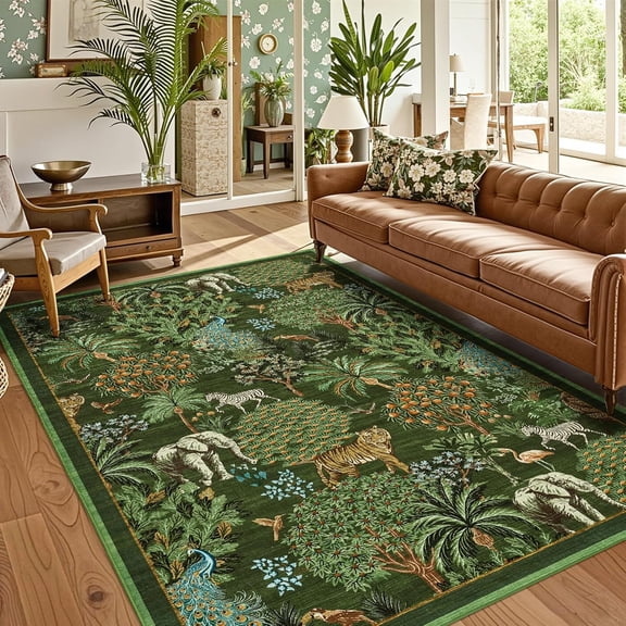 5x7 Jungle Animal Print Rug, Washable, Non-Slip, Low Pile, Forest Design, Stain-Resistant, Large Throw Carpet for Bedroom, Kids, Dark Green.
