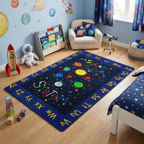 5x7 Kids Rug ABC Alphabet Educational Rug for Playroom Baby Play Mat Solar System Learning Carpet Ultra-Soft Thick Non Slip Boys & Girls Area Rugs for Baby Kids Bedroom Classroom, Blue