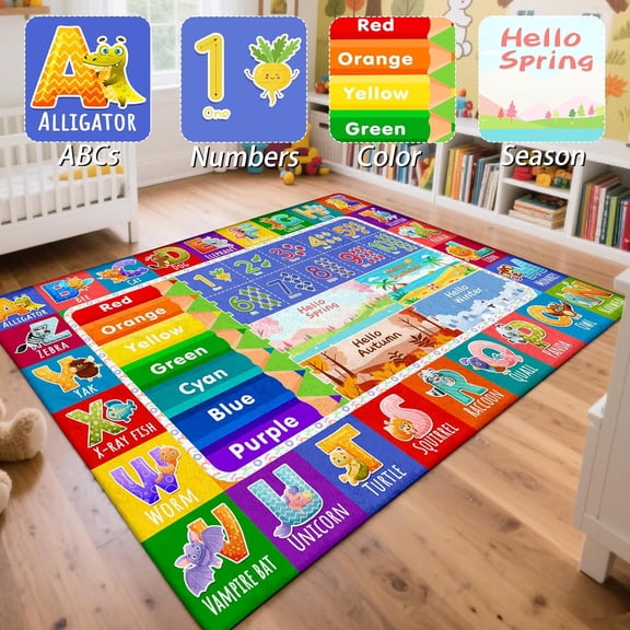 5x7 Kids Rug for Classroom & Playroom - ABC Alphabet Educational Area Rug with Animals Numbers & Colors - Non-Slip Carpet Playmat for Nursery Preschool Elementary