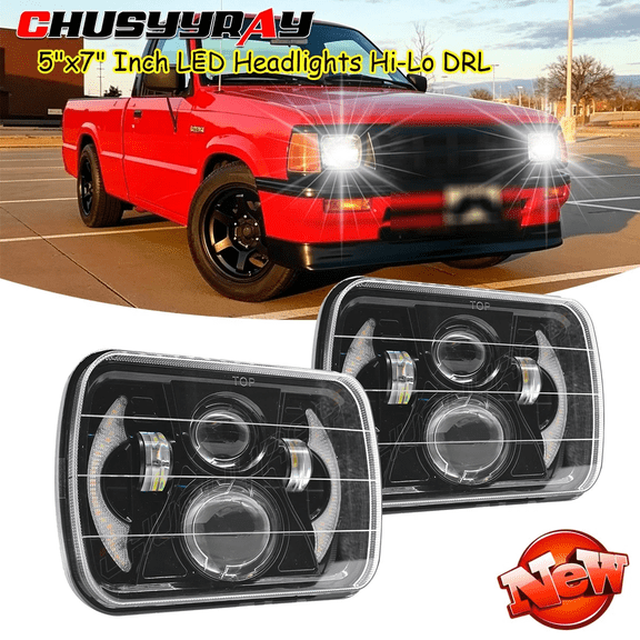 5x7 LED Headlight Bulbs Dual Beam Halo DRL Clear Lens Projector Lights, 2pc