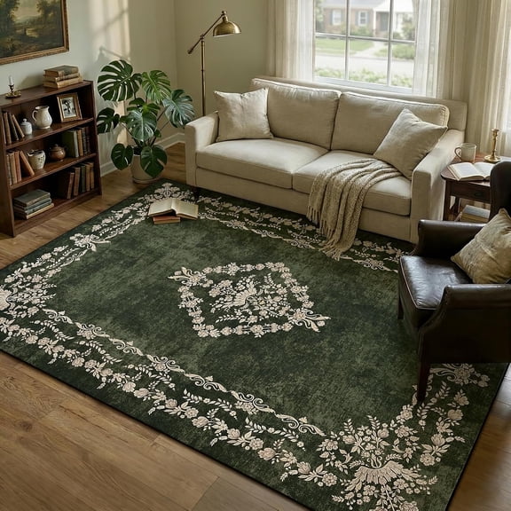 5x7 Large Area Rugs for Living Room, Green Washable Floral  Boho Rug, Non-Slip Soft Low Pile Indoor Throw Carpet for Bedroom Dining Room Entryway College Dorm Office Decor
