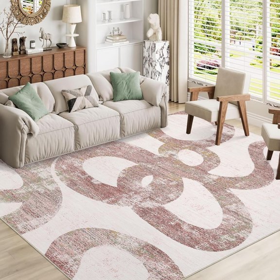 5x7 Machine Washable Modern Abstract Snake Pattern Rug Non Slip Rug Stain Resistant Carpet Contemporary Low Pile Floor Cover for Living Room Dining Room Bedroom, Pink/ 5'x 7'