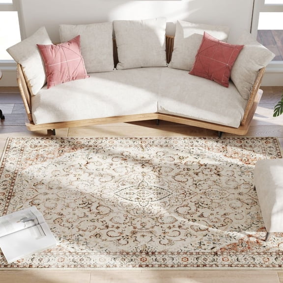 5x7 Machine Washable Non-Slip Classical Floral Flannel Area Rug Mixed-Brown