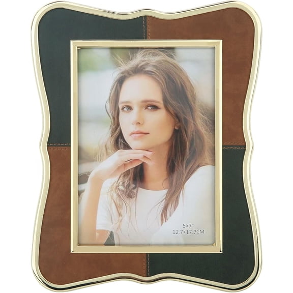 5x7 Metal Leather Picture Frame,Pretty Photo Frame with Gold Edge, Clear Glass Front, Unique Gifts for Marriage Couple Anniversary Graduation Horizontal&Vertical,Photo Display,Gift Ideas