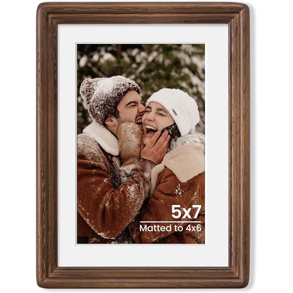 5x7 Natural Solid Oak Wood Picture Frame with 4x6 Mat, Premium Rustic Wooden Photo Frames with Plexiglass, Poster Photo Frame Suitable for Gallery Wall Mount or Tabletop Display, Walnut