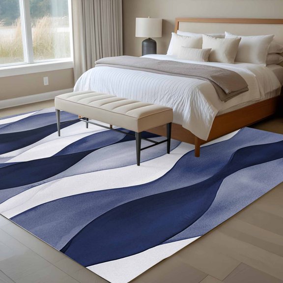 5x7 Navy Blue Water Waves Area Rug for Living Room, Washable Non Slip Low Pile Soft Indoor Rug for Bedroom Dining Room, Ombre Abstract Strips Standard Room Rug