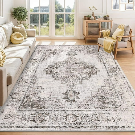 5x7 Neutral Area Rugs for Living Room Washable, Soft Vintage Large Bedroom Rugs, Boho Farmhouse Low Pile Non-Slip Indoor Throw Carpet Rugs for Bedroom Dining Room (Taupe, 5'x7')