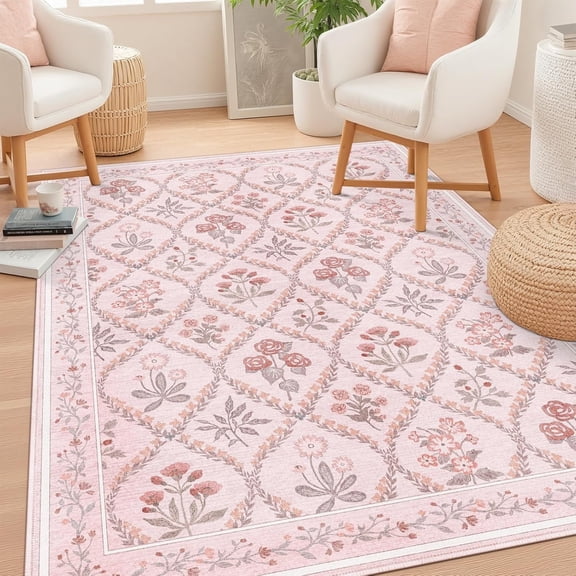 5x7 Nursery Rug for Baby Girl, Blush Pink Boho Cute Floral Rug for Bedroom Girls, Washable Large Soft Non-Slip Low-Pile Carpet for Living Room Kids Room Playroom Dorm, Pink Multi
