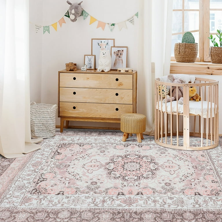 5x7 Nursery Rug Baby Girl's Neutral Light Pink Floral Design