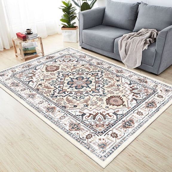 5x7 Orange-yellow Machine Washable Rug with Floral Design / Non-slip for Hearth Area