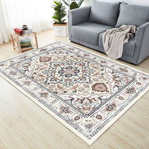 5x7 Orange-yellow Machine Washable Rug with Floral Design / Non-slip for Hearth Area