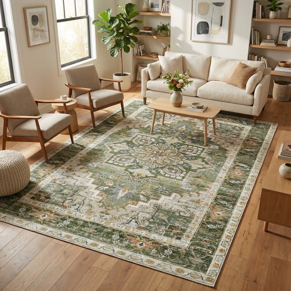 5x7 Oriental Area Rug Living Room Washable Non Slip Boho Soft Rugs Bedroom Dining Room Decor-Green