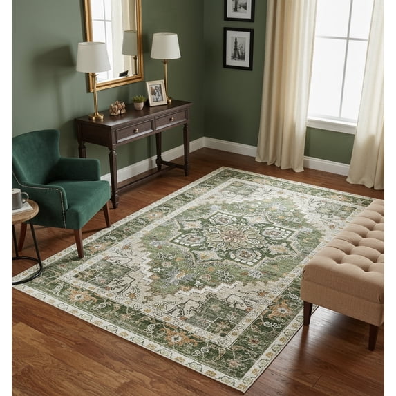 Kokia 5'x7' Oriental Area Rug Living Room Washable Non Slip Boho Soft Rugs Bedroom Dining Room Decor-Green