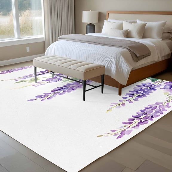 5x7 Petals Leaf Area Rug for Living Room, Washable Non Slip Low Pile Soft Indoor Rug for Bedroom Dining Room, Purple Flower Standard Room Rug
