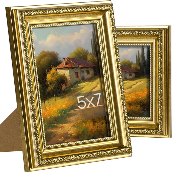 5x7 Photo Frames with Kickstand, Vintage Ornate Design for Home Office Decor, Spring Clip Backing, Gold Finish, 2 Pack