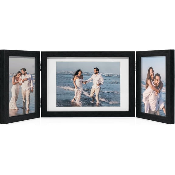 Afuly 5x7 Picture Frame Black 4x6 3 Frames Collage Hinged Folding Triple Photo Home Decor for Wall Desktop Christmas Wedding Birthday Gifts Women Mom Grandma Family, 2*4x6+1*5x7