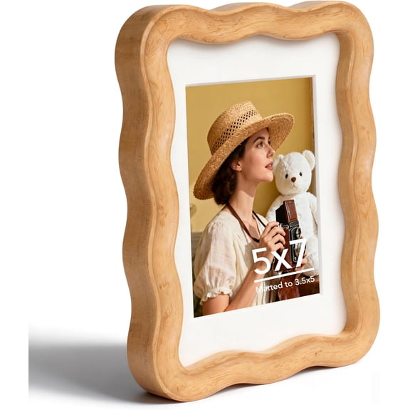 5x7 Picture Frame with 3.5x5 Mat, Natural Solid Teak Wood Tabletop Only Display with Plexiglass, Wavy Edge Photo Frame for Desktop & Countertop Decor, Cloud Edge