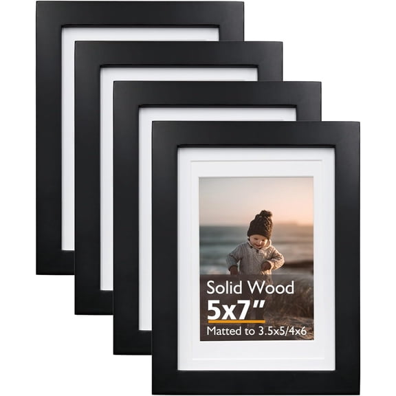 5x7 Picture Frame Black, Solid Wood Frames 5x7 with Acrylic Plexiglass for Pictures 4x6 With Mat,Tabletop and Wall Display, 5 x 7 Picture Frame Set of 4
