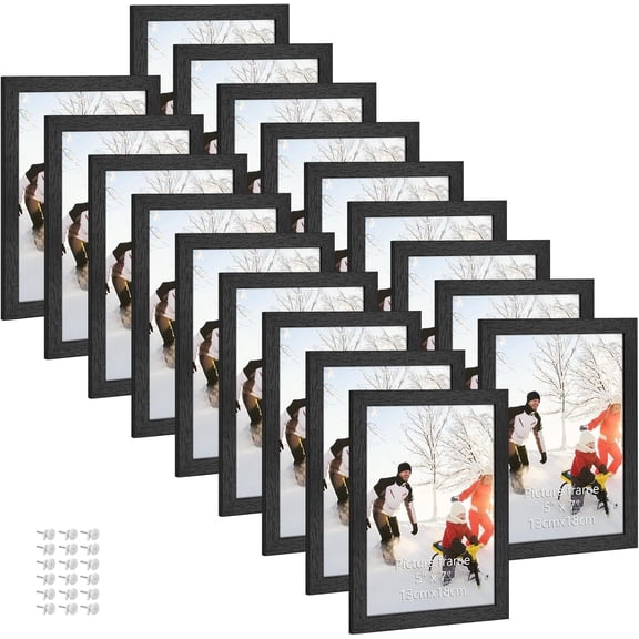 5x7 Picture Frame Bulk Black, Set of 18 MDF Wood Grain Frame for Display 5 by 7 Family Wedding Photos on Tabletop or Wall