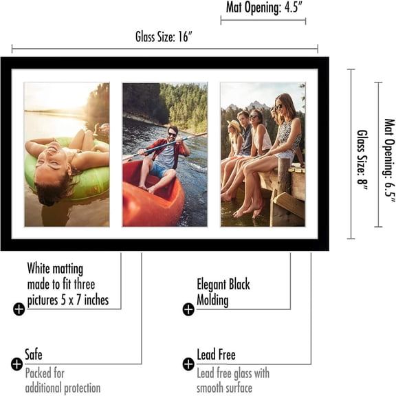 5x7 Picture Frame Collage with Shatter-Resistant Glass - Fits Three 5x7 Photos or Use as One 8x16 Frame - Collage Frames for Tabletop and Wall Display - Black