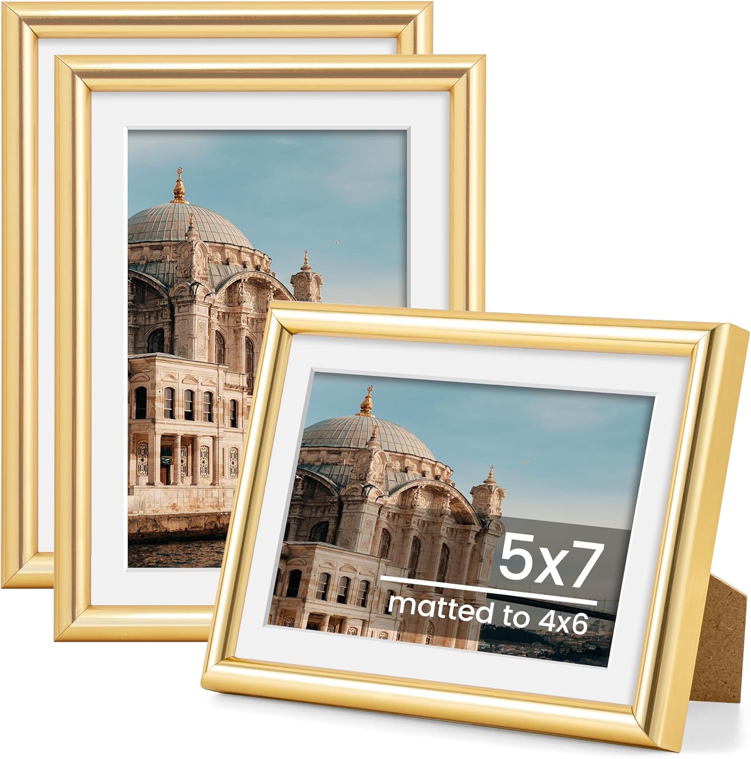 5x7 Picture Frame, Display Pictures 4x6 with Mat or 5x7 Without Mat, Wall and Tabletop Display Photo Frame, Gold, 3 Pack