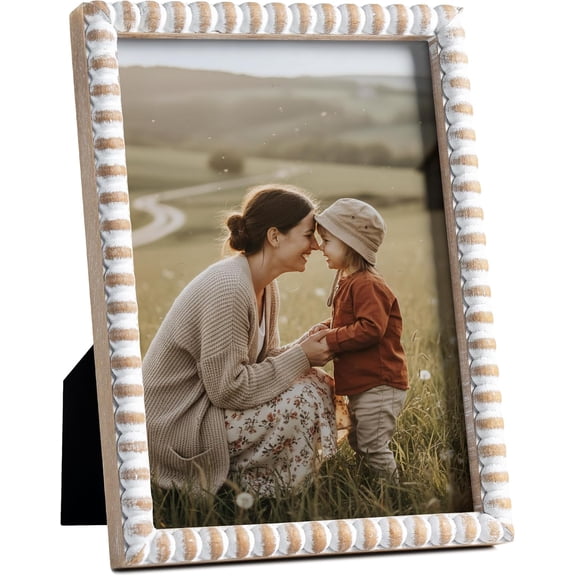 5x7 Picture Frame Farmhouse Photo Frame Boho Beaded Frames Distressed White Wood Unique Wall Hanging Desk Standing Gifts Home Decor Artwork Anniversary Birthday for Mom Family Couple Friends