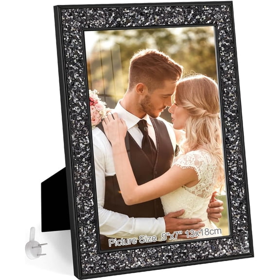 5x7 Picture Frame Glitter, Black Bling 5 by 7 Photo Frames with HD Real Glass, for Wall or Tabletop Display, Family Friends Wedding Mother's Day Gift (5 x 7, Black)