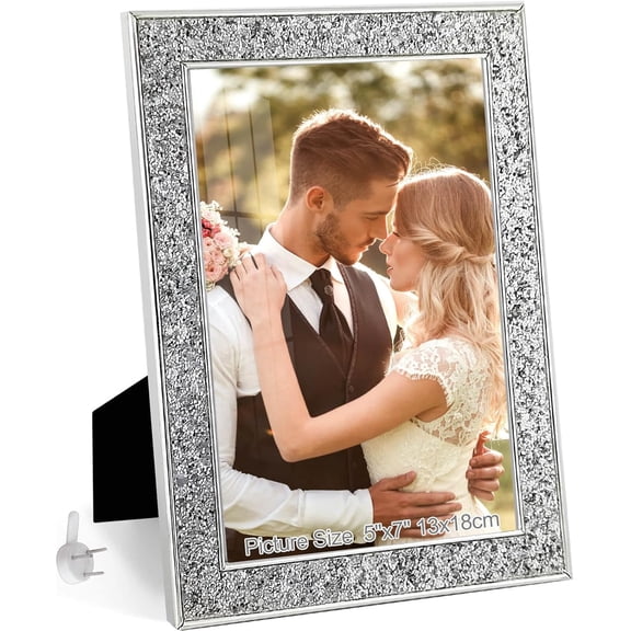 5x7 Picture Frame Glitter, Silver Bling 5 by 7 Photo Frames with HD Real Glass, for Wall or Tabletop Display, Family Friends Wedding Mother's Day Gift (5 x 7, Silver)