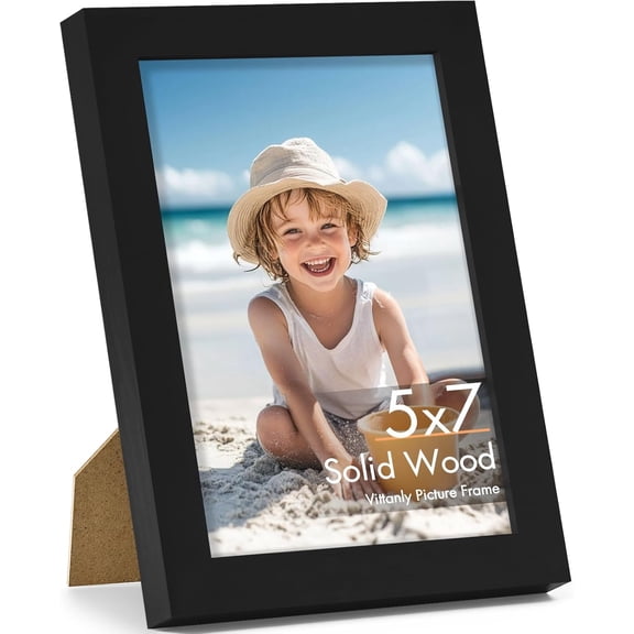 5x7 Picture Frame, Made of Solid Wood and Shatterproof Plexiglass, Wooden Photo Frame for Wall Mounting or Tabletop Display, Home Decor with Stand, Black, 1 Pack