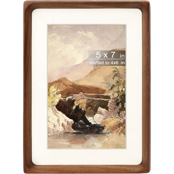 5x7 Picture Frame with Mat for 4x6, Natural Walnut Wood Handcrafted Rounded Corner with Real Glass, Vertical or Horizontal Display Photo Gallery Wall & Tabletop Frame