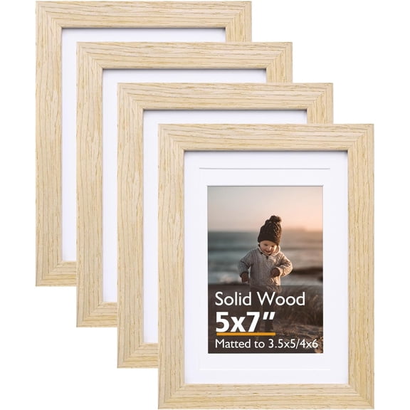 5x7 Picture Frame Natural, Solid Wood Frames with Acrylic Plexiglass for Pictures 3.5x5/4x6 with Mat or 5x7 without Mat, Tabletop and Wall Display Photo Frame, Set of 4