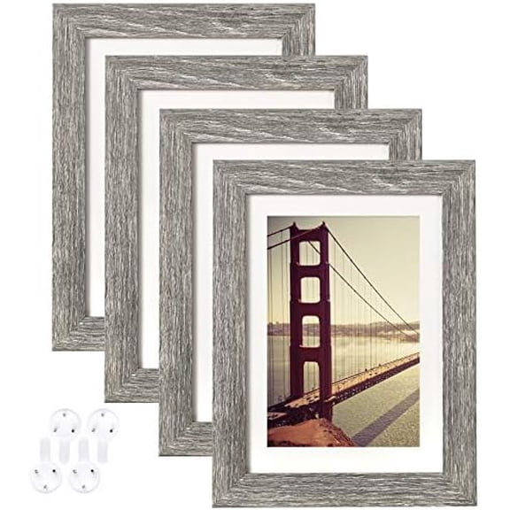 5x7 Picture Frame Rustic Grey Wood Pattern Set of 4,Display Photos 4x6 with Mat or 5x7 Without Mat, Horizontal and Vertical Formats for Wall and Table Mounting