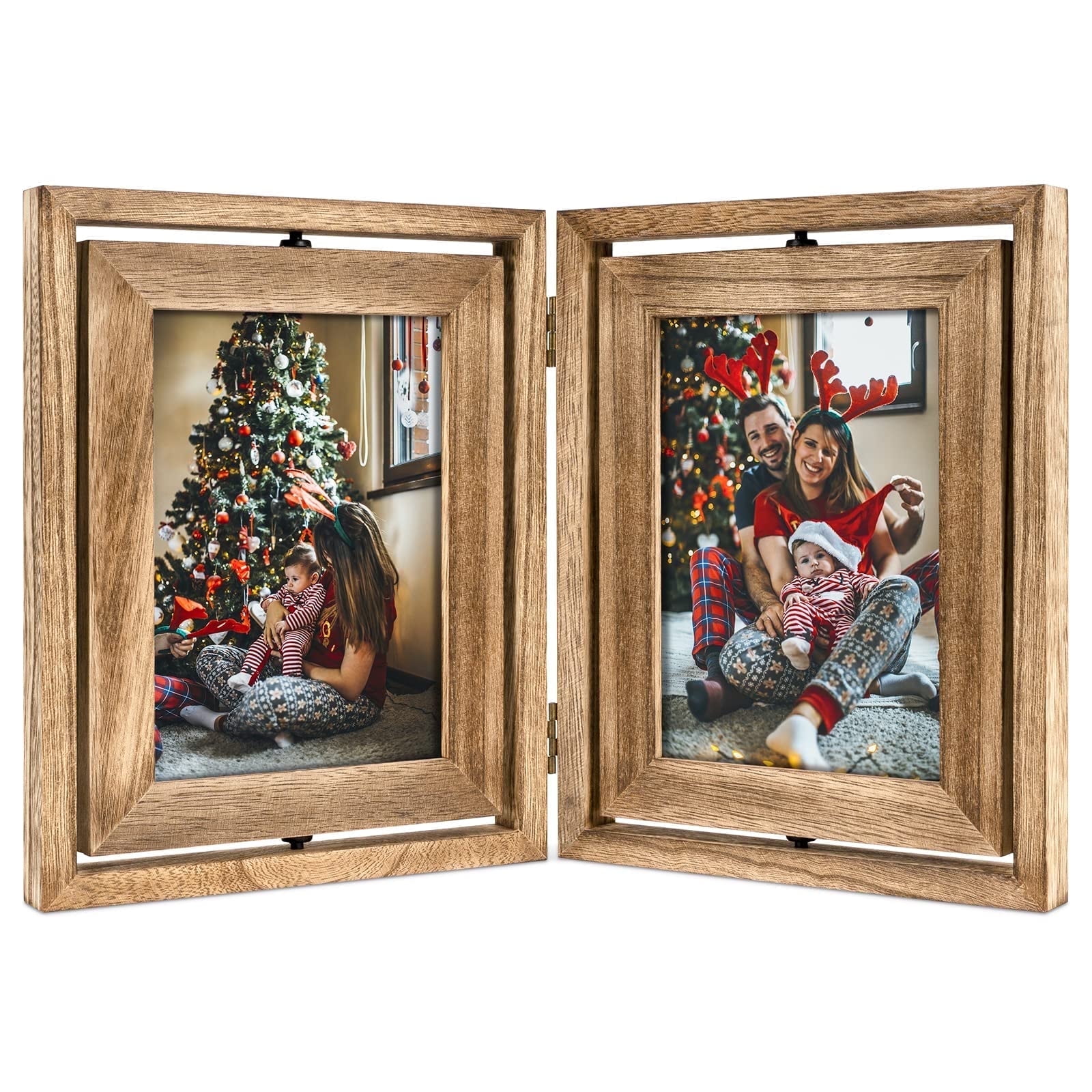 5x7 Picture Frame, Tabletop Wood Double Sided Display Folding Photo Frame, Rotatable High Definition Glass Collage Picture Frames, Rustic Brown