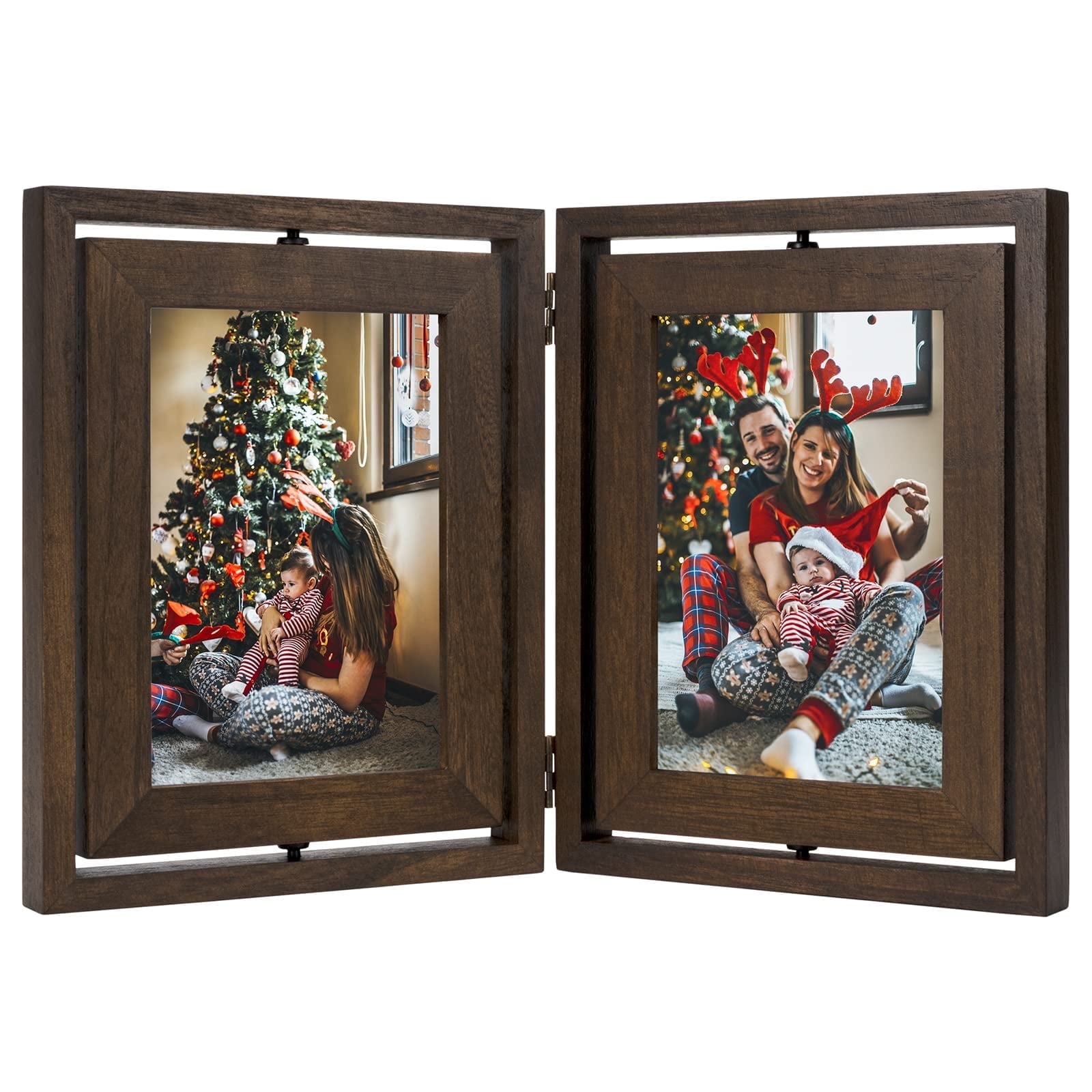 5x7 Picture Frame, Tabletop Rustic Wood Double Sided Display Folding Photo Frame, Rotatable High Definition Glass Collage Picture Frames,Walnut