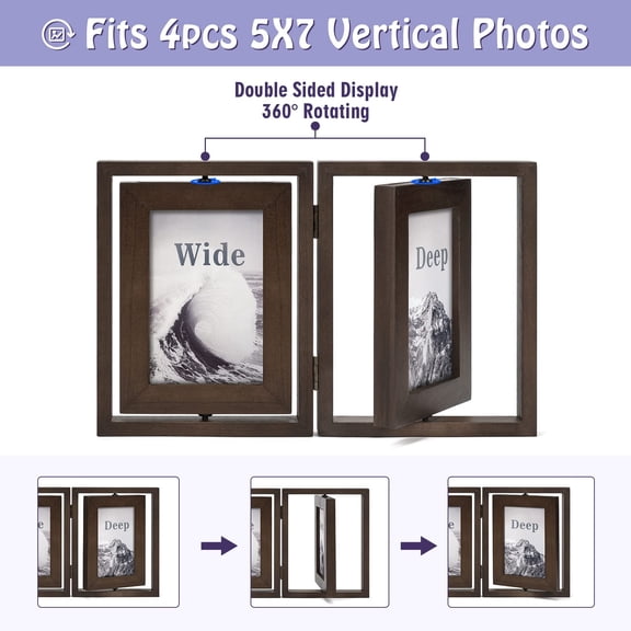 5x7 Picture Frame Rustic Wood Hinged Folding Double Photo  Sided Display Rotatable High Definition Glass Collage Frames Vertically On Tabletop (walnut)