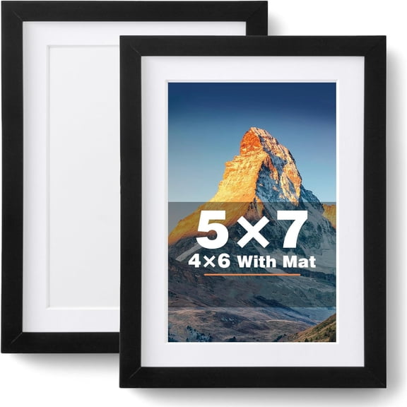5x7 Picture Frame Set of 2,Black Photo Frame for 4x6 With Mat or 5x7 Without Mat,Thin Border Frame,Horizontal and Vertical Formats for Wall Mount or Tabletop with Shatter-Resistant Acrylic Sheet