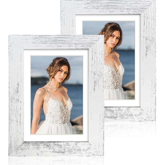 5x7 Picture Frame Set of 2, Distressed White Wood with Glass Photo Frame - Display Pictures 4x6 with Mat or 5 x 7 without Mat for Horizontal or Vertical Table top and Wall Mounting