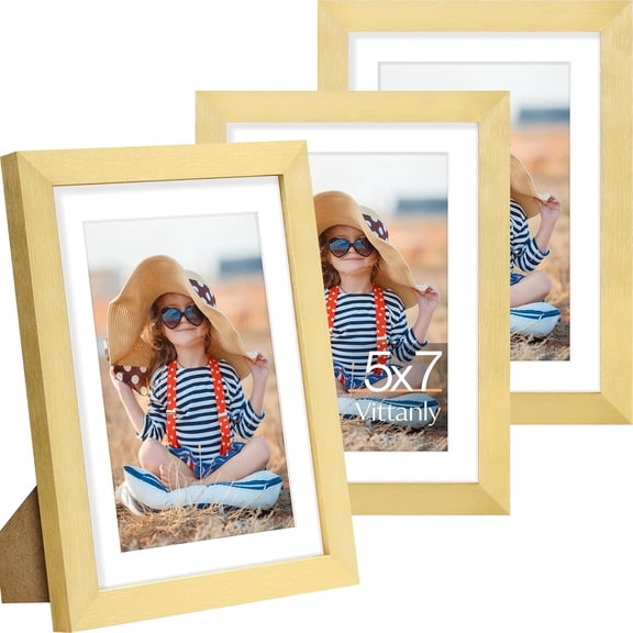5x7 Picture Frame Set of 3, Display Pictures 4x6 with Mat or 5x7 without Mat for Wall Mounting or Tabletop, Picture Frames for Wall Decor, Engineered Wood, Gold