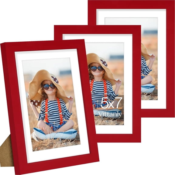 5x7 Picture Frame Set of 3, Display Pictures 4x6 with Mat or 5x7 without Mat for Wall Mounting or Tabletop, Picture Frames for Wall Decor, Engineered Wood, Red