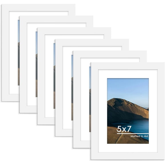 5x7 Picture Frame Set of 6, Display Pictures 4x6 with Mat or 5x7 without Mat for Wall Mounting or Table Top Display, Photo Frames Collage for Wall Decor, White