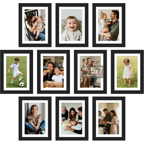 5x7 Picture Frame Set of 10, Display Pictures 4x6 with Mat or 5x7 Without, Multi Photo Frames Collage for Wall or Tabletop Display, Black