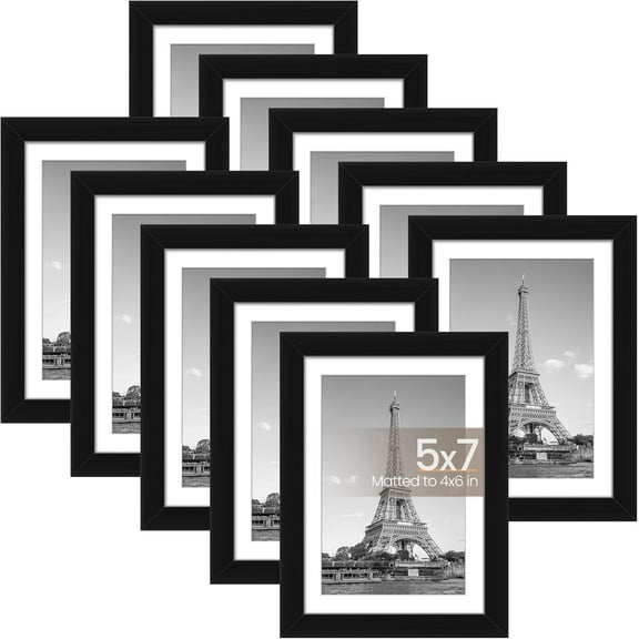 5x7 Picture Frame Set of 10, Display Pictures 4x6 with Mat or 5x7 Without, Multi Photo Frames Collage for Wall or Tabletop Display, Black