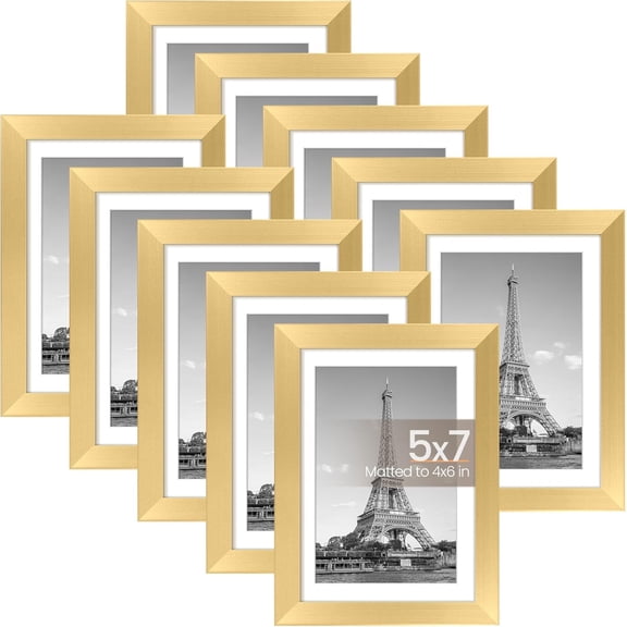 5x7 Picture Frame Set of 10, Display Pictures 4x6 with Mat or 5x7 Without, Multi Photo Frames Collage for Wall or Tabletop Display, Gold