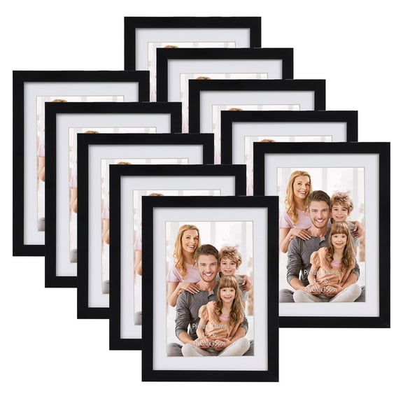 5x7 Picture Frame Set of 10, Matted to 4x6 Picture with Mat or Multi 5x7 Photo without Mat, Wall Hanging or Tabletop Display, Black