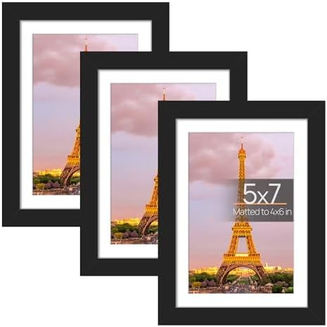 5x7 Picture Frame Set of 3, Made of High Definition Glass for 4x6 with Mat or 5x7 Without Mat, Wall and Tabletop Display Photo Frames, Black