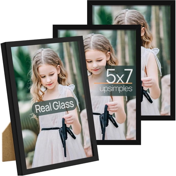 5x7 Picture Frame Set of 3, Made of High Definition Glass for 5 x 7 Black Frames, Wall and Tabletop Display Thin Border Photo Frame for Home Dcor