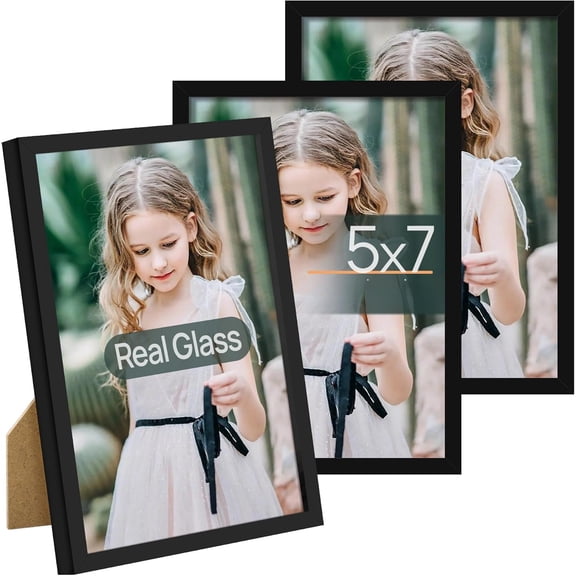5x7 Picture Frame Set of 3, Made of High Definition Glass for 5 x 7 Black Frames, Wall and Tabletop Display Thin Border Photo Frame for Home Décor