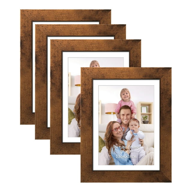 5x7 Picture Frame Set of 4, Rustic Brown Frames with Mat for Wall Mount