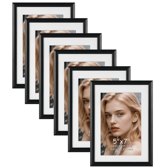 5x7 Picture Frames Set of 6, Display 4x6 Picture with Mat or 5x7 Without Mat, Black Photo Frame for Wall Hanging or Tabletop
